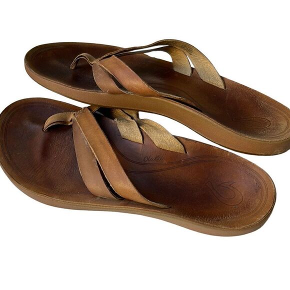 OLUKAI Kaekae Tan Brown Leather Flip Flop Sandals Size 8.5-9 - Picture 5 of 6